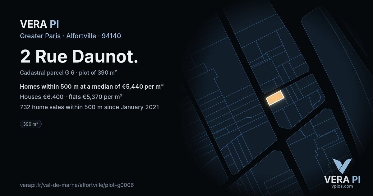 2 Rue Daunot, Alfortville at night – the plot lit, the parcels around coloured by the prices near them