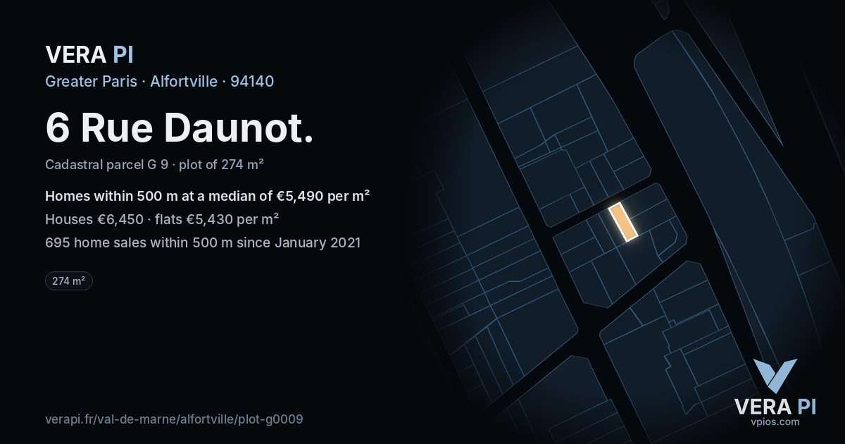 6 Rue Daunot, Alfortville at night – the plot lit, the parcels around coloured by the prices near them