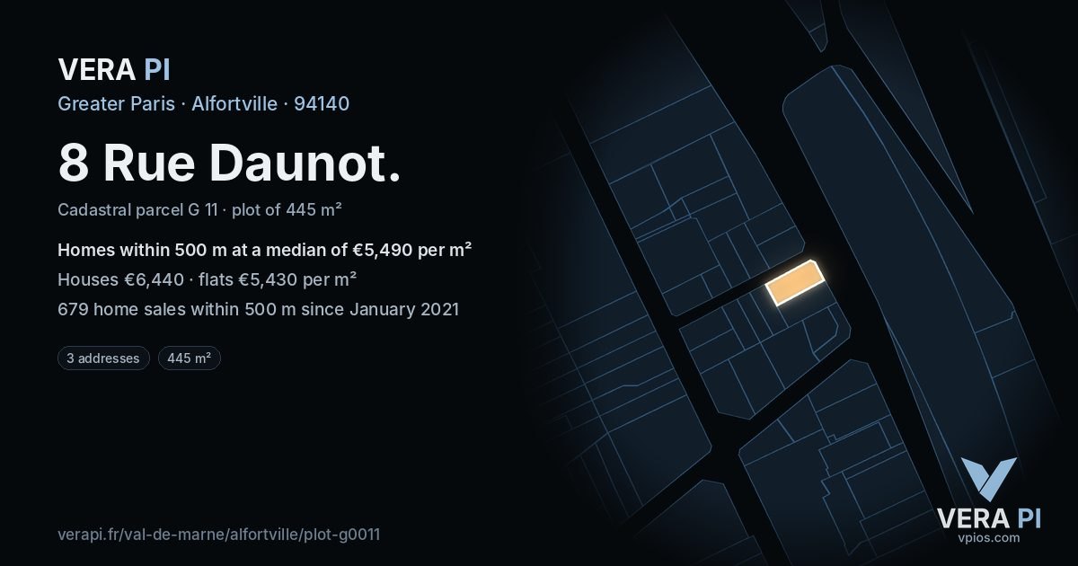 8 Rue Daunot, Alfortville at night – the plot lit, the parcels around coloured by the prices near them