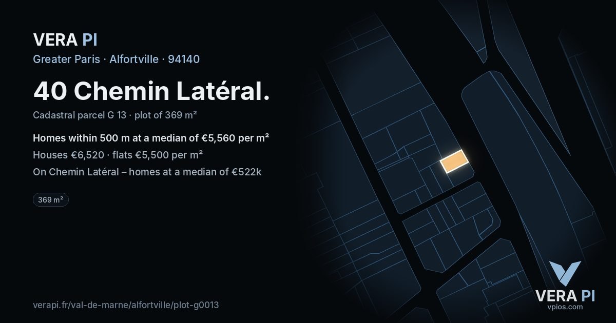 40 Chemin Latéral, Alfortville at night – the plot lit, the parcels around coloured by the prices near them