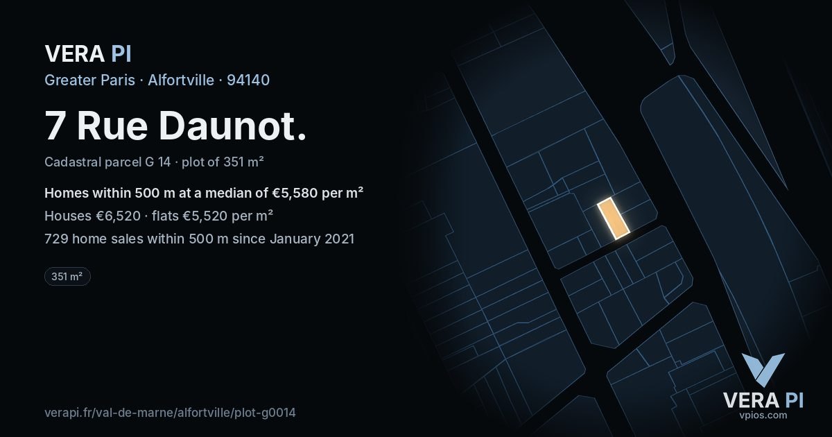 7 Rue Daunot, Alfortville at night – the plot lit, the parcels around coloured by the prices near them