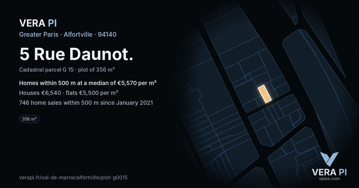 5 Rue Daunot, Alfortville at night – the plot lit, the parcels around coloured by the prices near them