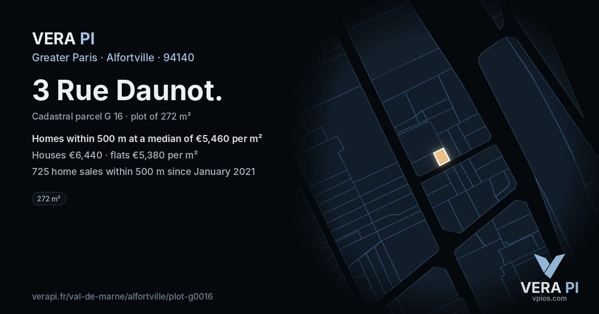 3 Rue Daunot, Alfortville at night – the plot lit, the parcels around coloured by the prices near them