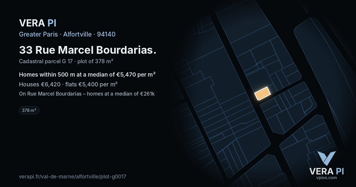 33 Rue Marcel Bourdarias, Alfortville at night – the plot lit, the parcels around coloured by the prices near them