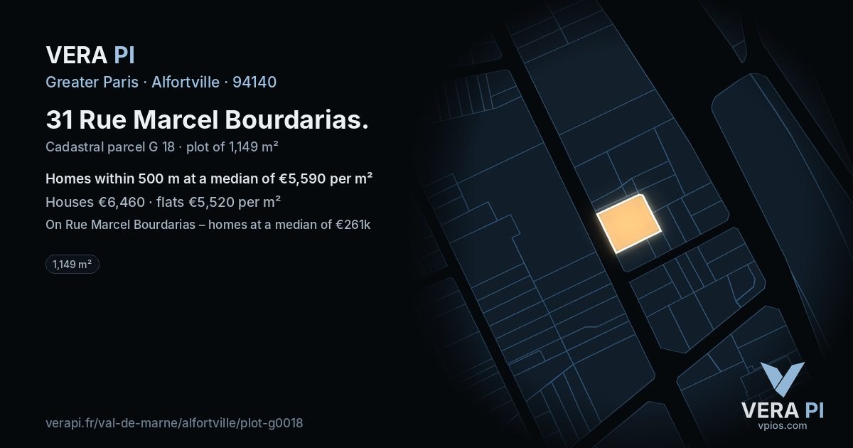 31 Rue Marcel Bourdarias, Alfortville at night – the plot lit, the parcels around coloured by the prices near them