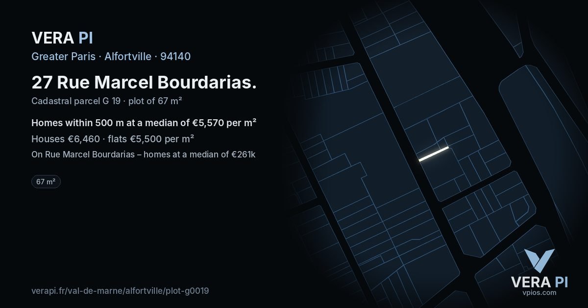 27 Rue Marcel Bourdarias, Alfortville at night – the plot lit, the parcels around coloured by the prices near them