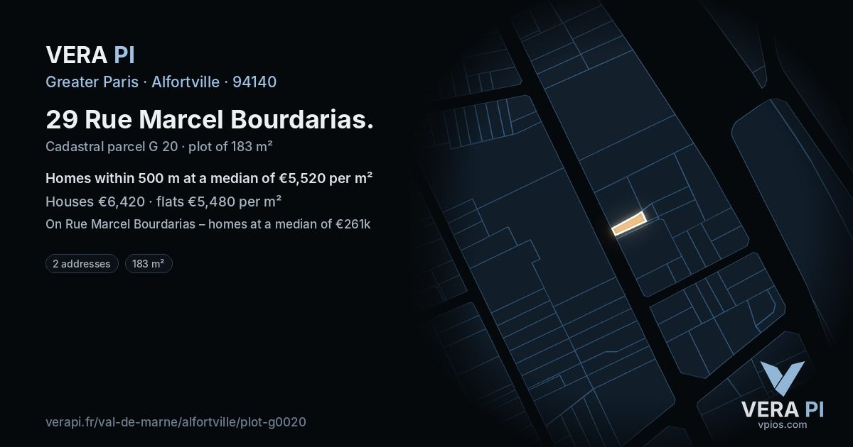 29 Rue Marcel Bourdarias, Alfortville at night – the plot lit, the parcels around coloured by the prices near them