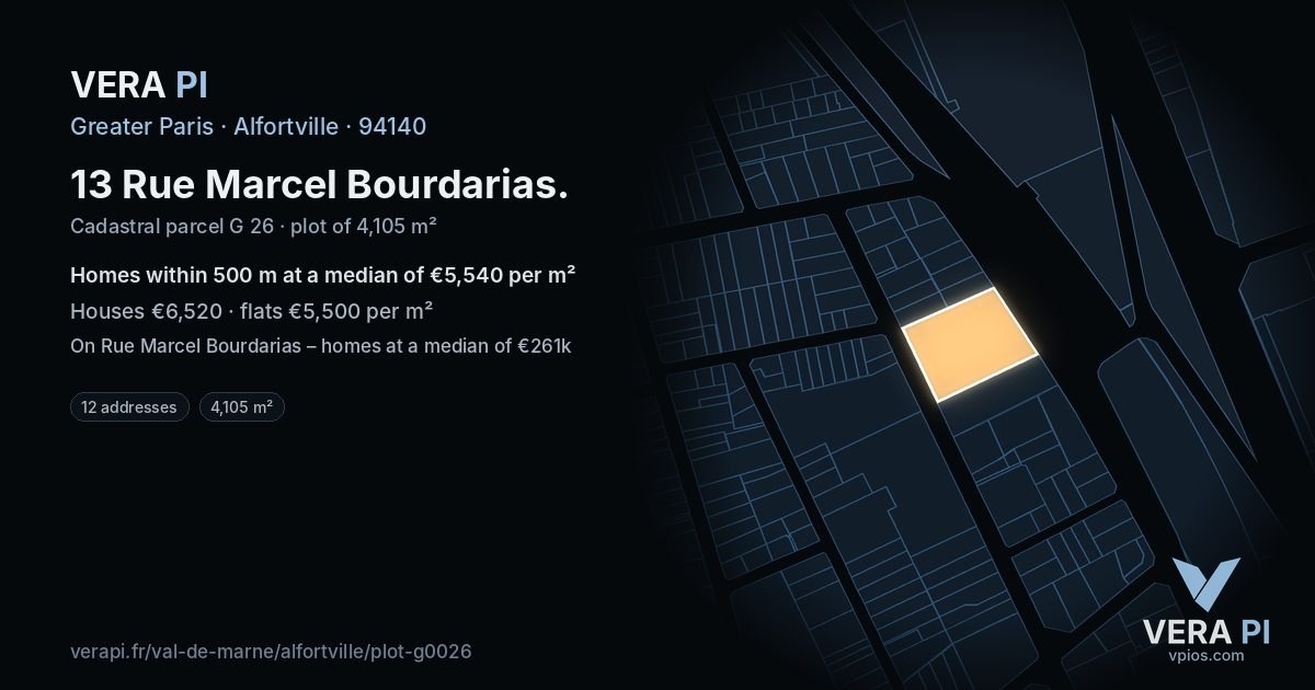 13 Rue Marcel Bourdarias, Alfortville at night – the plot lit, the parcels around coloured by the prices near them
