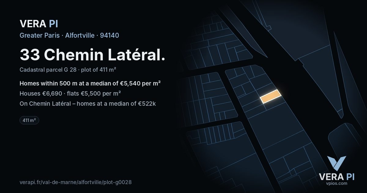 33 Chemin Latéral, Alfortville at night – the plot lit, the parcels around coloured by the prices near them