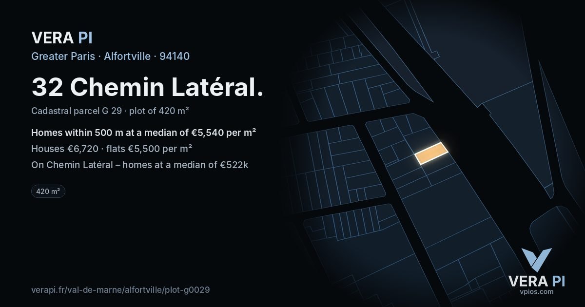 32 Chemin Latéral, Alfortville at night – the plot lit, the parcels around coloured by the prices near them