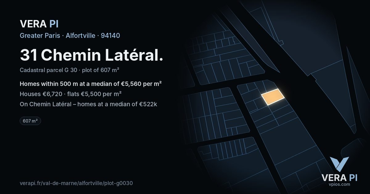 31 Chemin Latéral, Alfortville at night – the plot lit, the parcels around coloured by the prices near them
