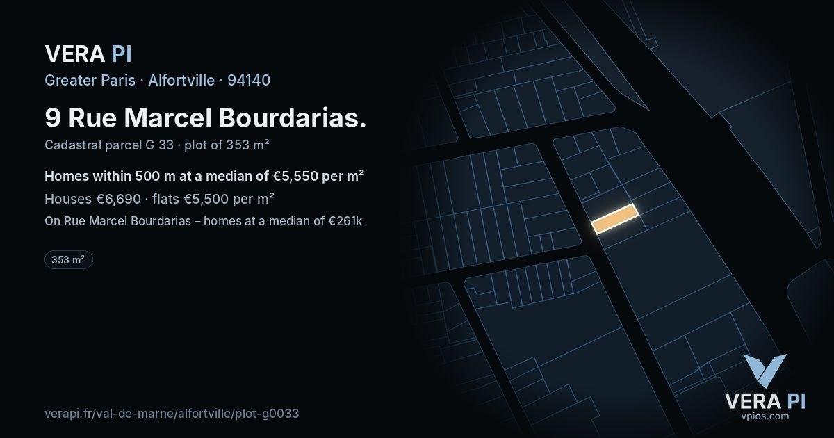 9 Rue Marcel Bourdarias, Alfortville at night – the plot lit, the parcels around coloured by the prices near them