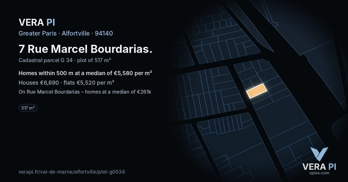 7 Rue Marcel Bourdarias, Alfortville at night – the plot lit, the parcels around coloured by the prices near them