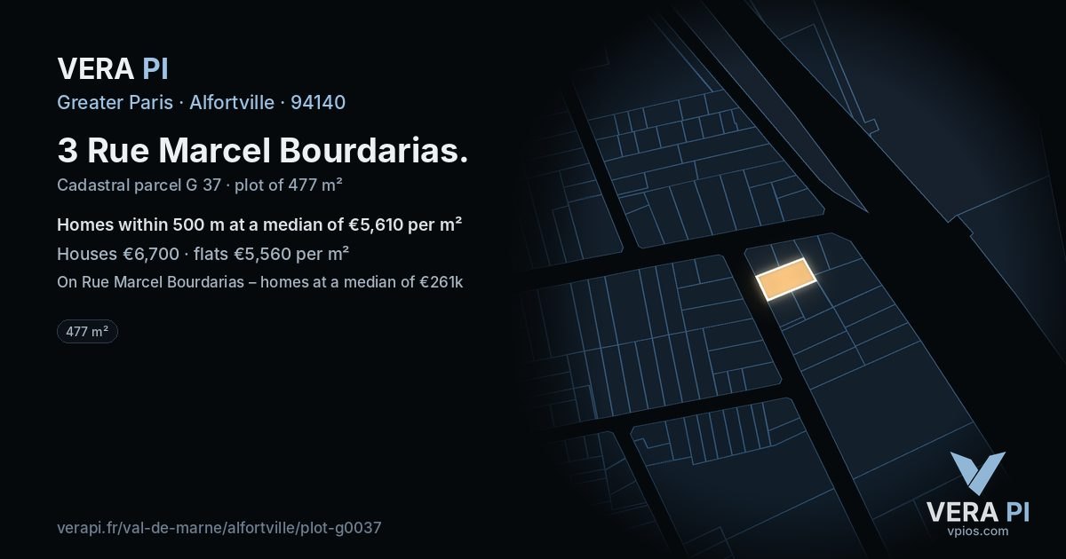 3 Rue Marcel Bourdarias, Alfortville at night – the plot lit, the parcels around coloured by the prices near them