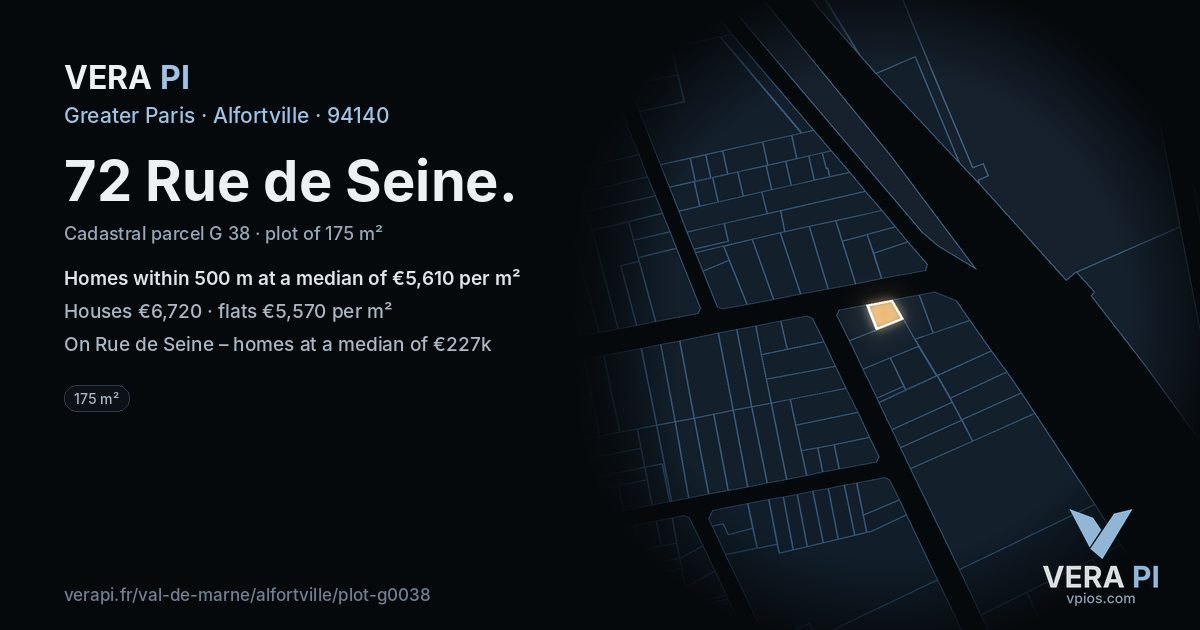 72 Rue de Seine, Alfortville at night – the plot lit, the parcels around coloured by the prices near them