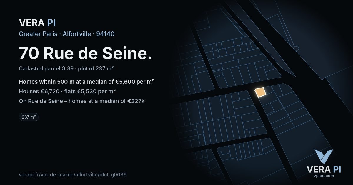 70 Rue de Seine, Alfortville at night – the plot lit, the parcels around coloured by the prices near them