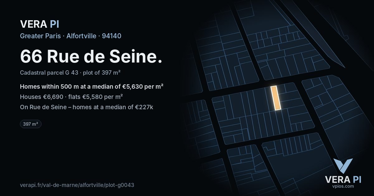 66 Rue de Seine, Alfortville at night – the plot lit, the parcels around coloured by the prices near them
