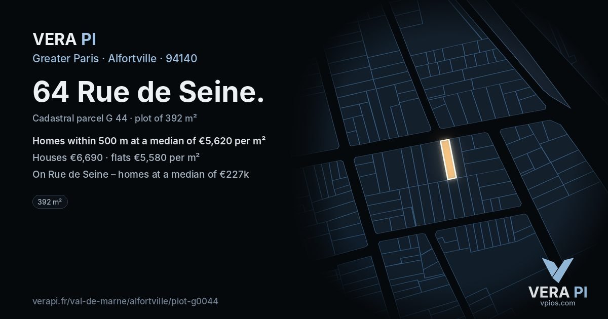 64 Rue de Seine, Alfortville at night – the plot lit, the parcels around coloured by the prices near them