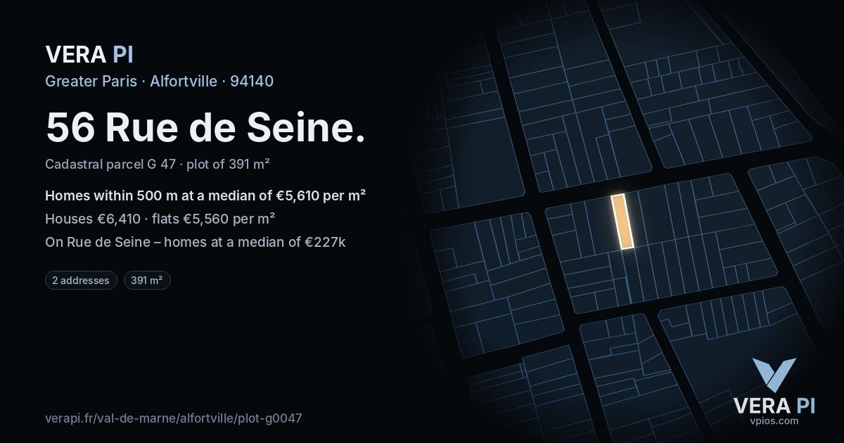 56 Rue de Seine, Alfortville at night – the plot lit, the parcels around coloured by the prices near them