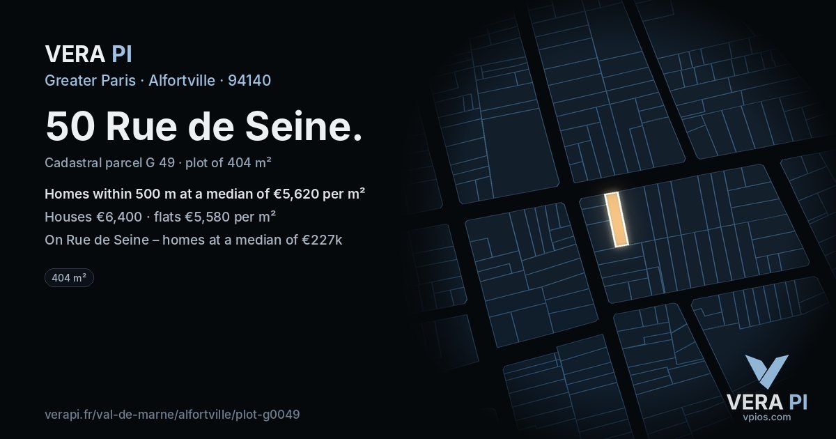 50 Rue de Seine, Alfortville at night – the plot lit, the parcels around coloured by the prices near them