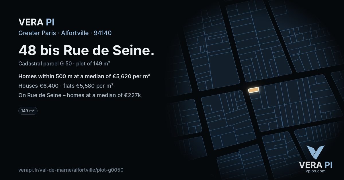 48 bis Rue de Seine, Alfortville at night – the plot lit, the parcels around coloured by the prices near them