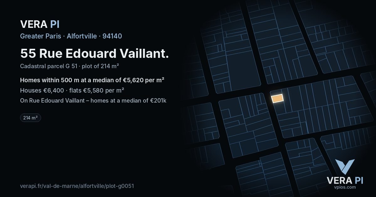 55 Rue Edouard Vaillant, Alfortville at night – the plot lit, the parcels around coloured by the prices near them