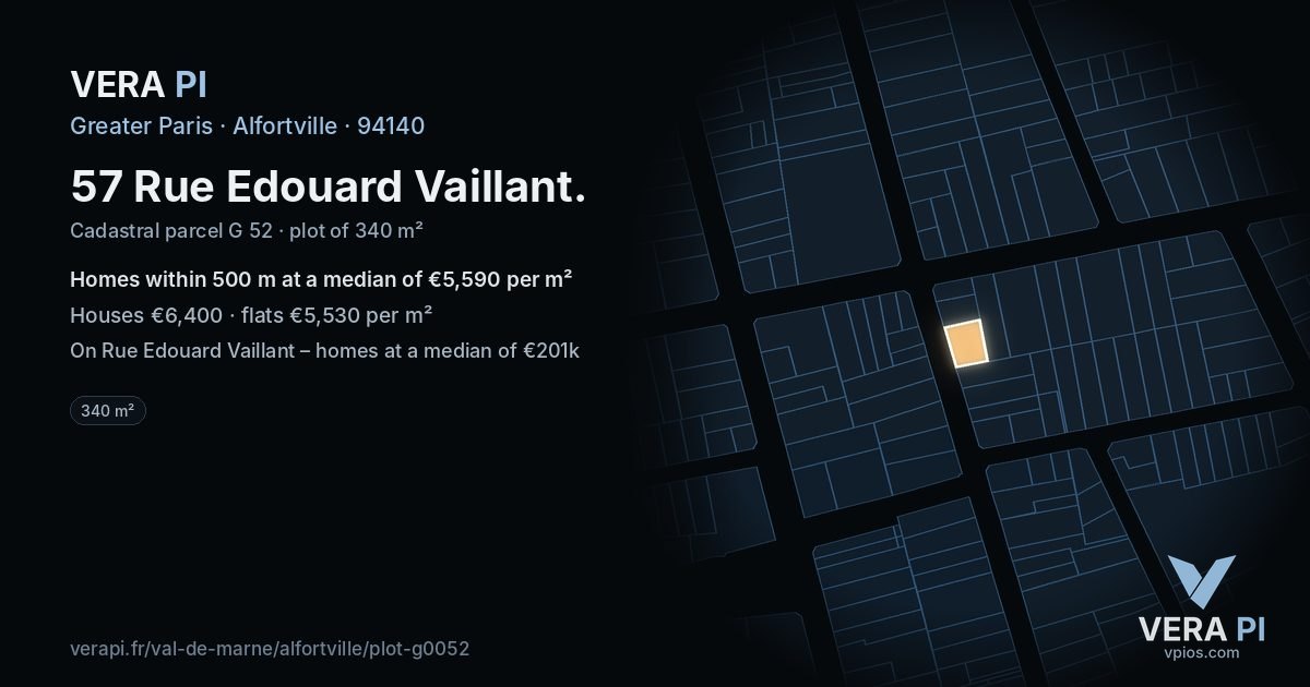 57 Rue Edouard Vaillant, Alfortville at night – the plot lit, the parcels around coloured by the prices near them