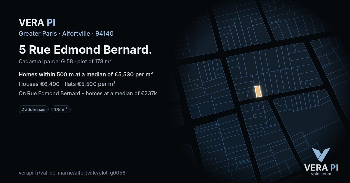 5 Rue Edmond Bernard, Alfortville at night – the plot lit, the parcels around coloured by the prices near them