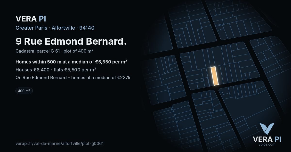 9 Rue Edmond Bernard, Alfortville at night – the plot lit, the parcels around coloured by the prices near them