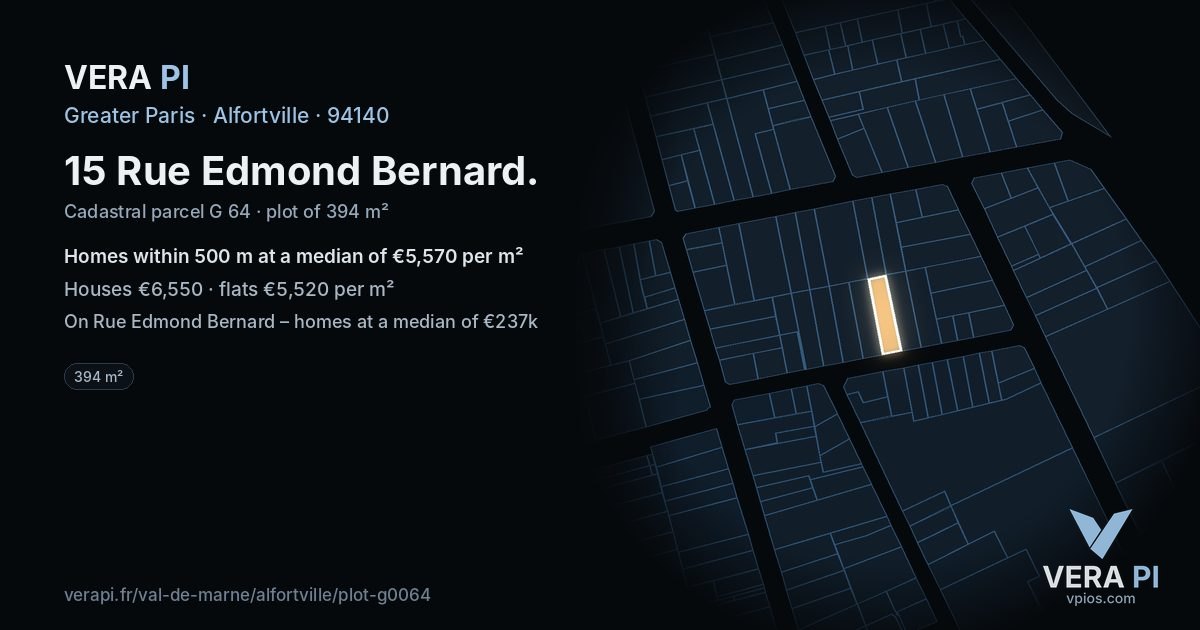 15 Rue Edmond Bernard, Alfortville at night – the plot lit, the parcels around coloured by the prices near them