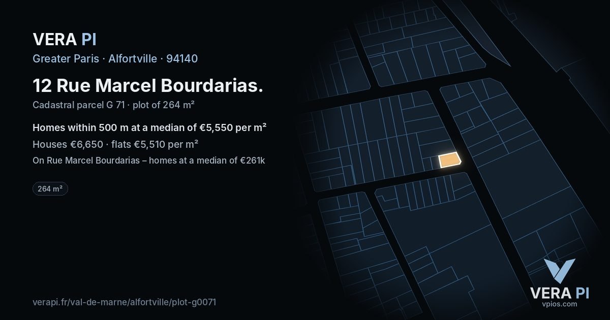 12 Rue Marcel Bourdarias, Alfortville at night – the plot lit, the parcels around coloured by the prices near them