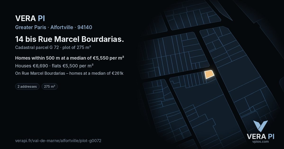 14 bis Rue Marcel Bourdarias, Alfortville at night – the plot lit, the parcels around coloured by the prices near them