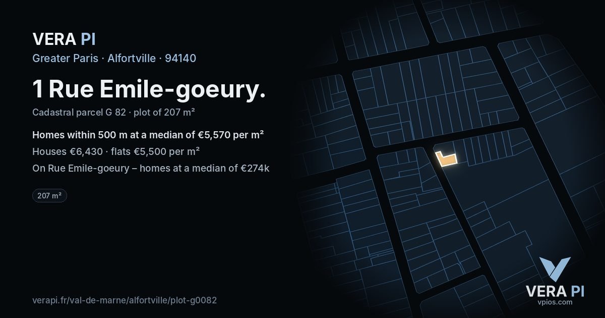 1 Rue Emile-goeury, Alfortville at night – the plot lit, the parcels around coloured by the prices near them