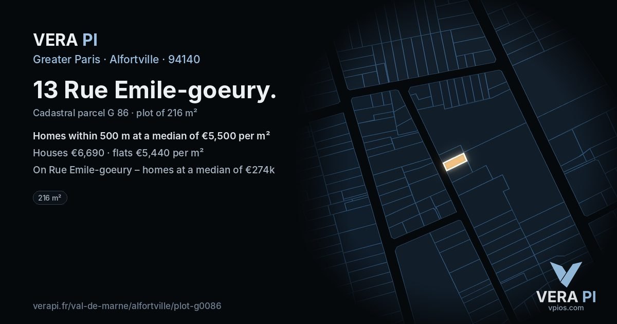 13 Rue Emile-goeury, Alfortville at night – the plot lit, the parcels around coloured by the prices near them