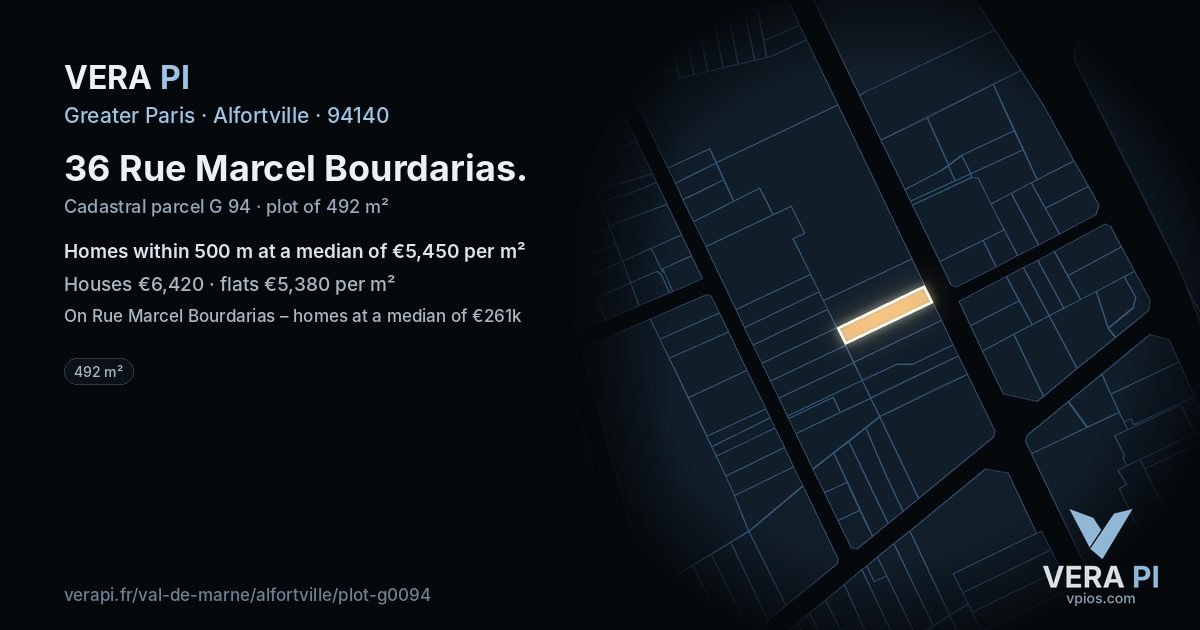 36 Rue Marcel Bourdarias, Alfortville at night – the plot lit, the parcels around coloured by the prices near them