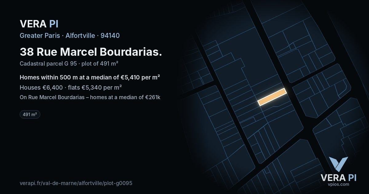 38 Rue Marcel Bourdarias, Alfortville at night – the plot lit, the parcels around coloured by the prices near them