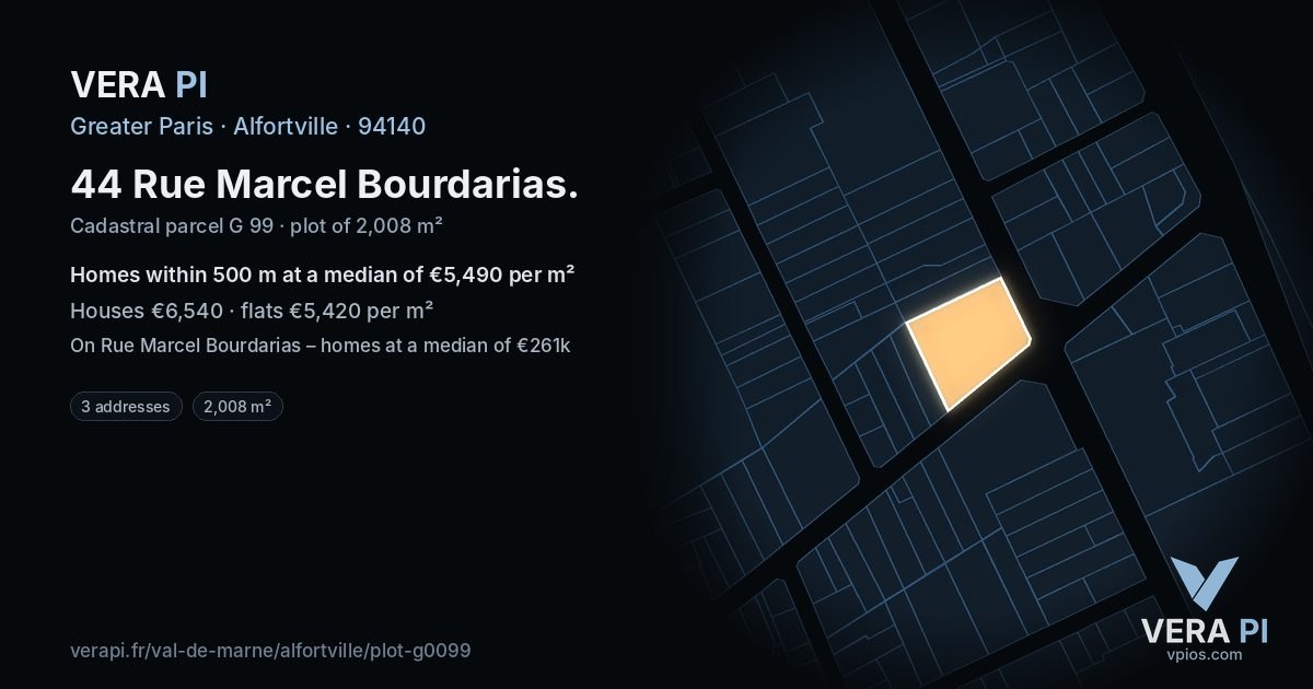 44 Rue Marcel Bourdarias, Alfortville at night – the plot lit, the parcels around coloured by the prices near them