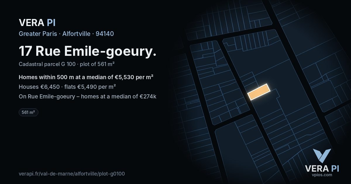 17 Rue Emile-goeury, Alfortville at night – the plot lit, the parcels around coloured by the prices near them