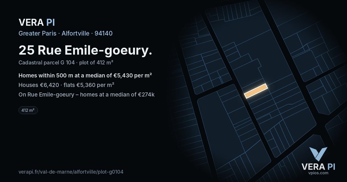 25 Rue Emile-goeury, Alfortville at night – the plot lit, the parcels around coloured by the prices near them