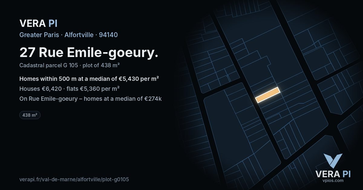 27 Rue Emile-goeury, Alfortville at night – the plot lit, the parcels around coloured by the prices near them