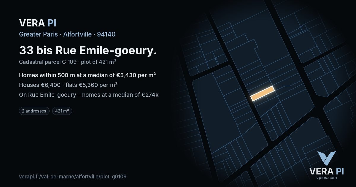 33 bis Rue Emile-goeury, Alfortville at night – the plot lit, the parcels around coloured by the prices near them