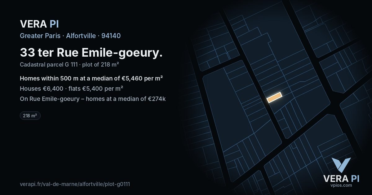 33 ter Rue Emile-goeury, Alfortville at night – the plot lit, the parcels around coloured by the prices near them