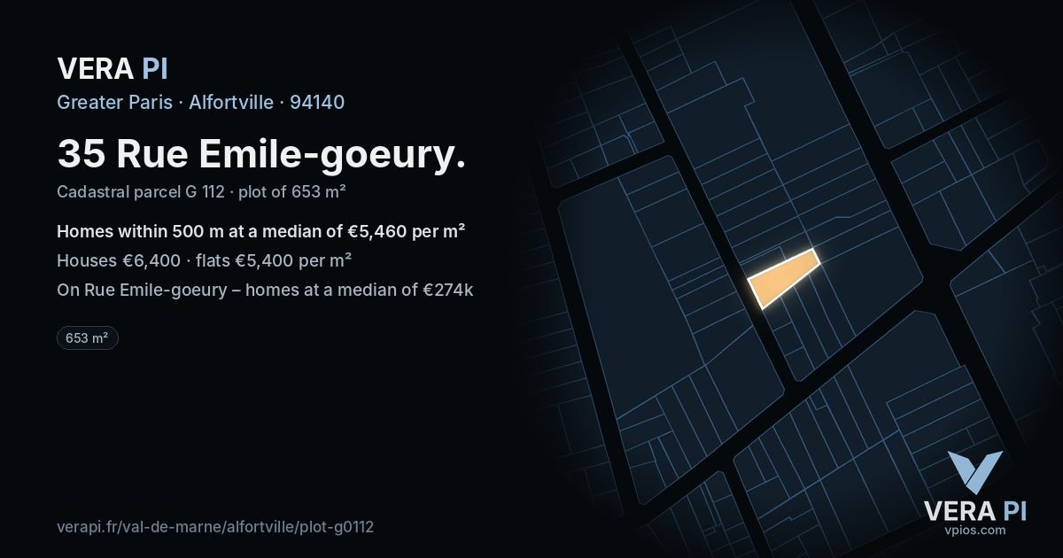 35 Rue Emile-goeury, Alfortville at night – the plot lit, the parcels around coloured by the prices near them