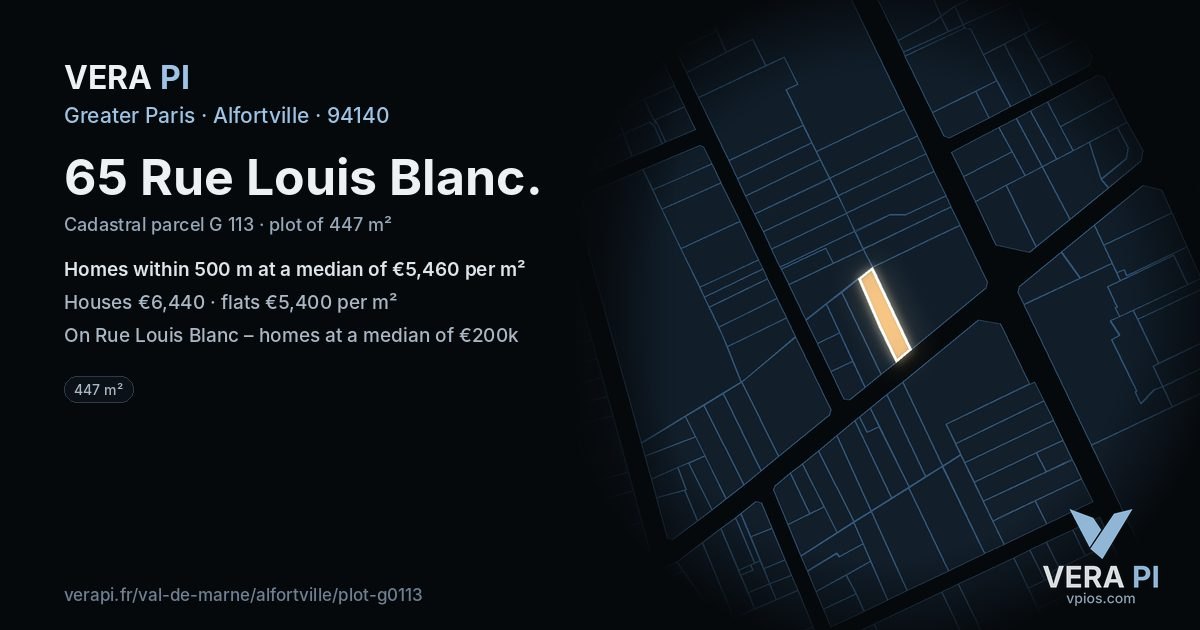 65 Rue Louis Blanc, Alfortville at night – the plot lit, the parcels around coloured by the prices near them