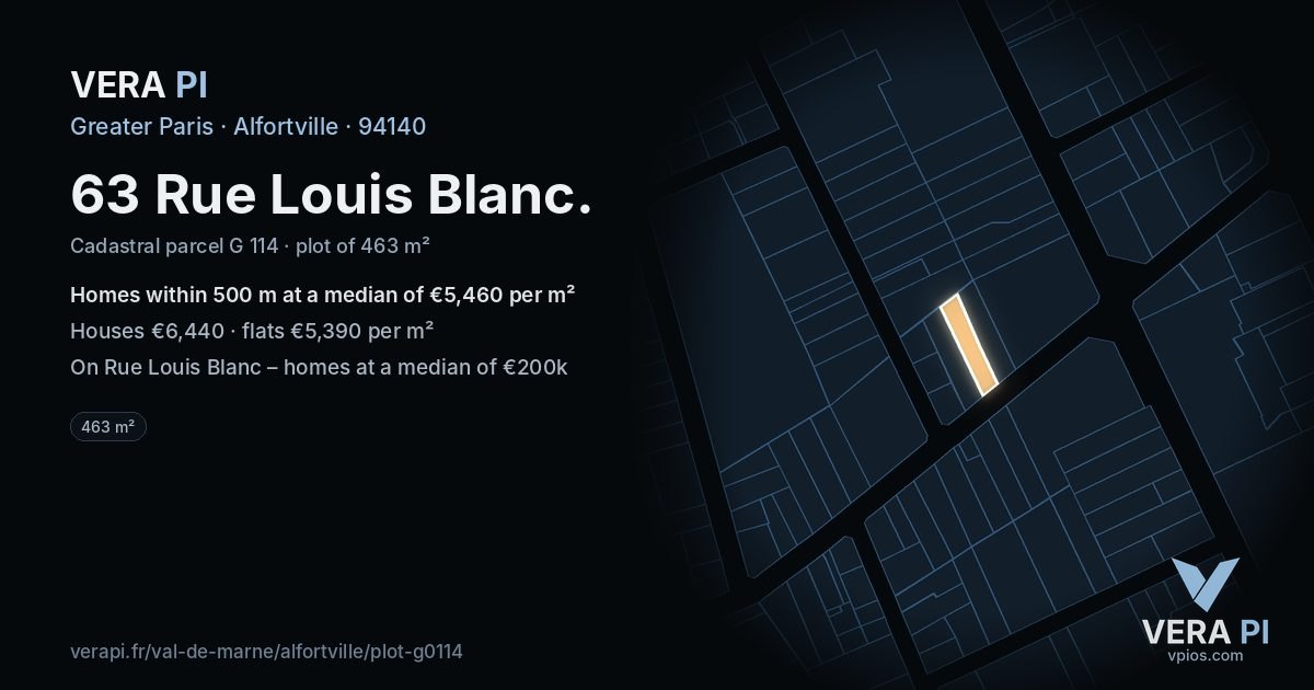 63 Rue Louis Blanc, Alfortville at night – the plot lit, the parcels around coloured by the prices near them