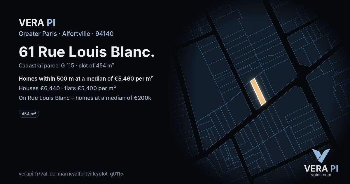 61 Rue Louis Blanc, Alfortville at night – the plot lit, the parcels around coloured by the prices near them