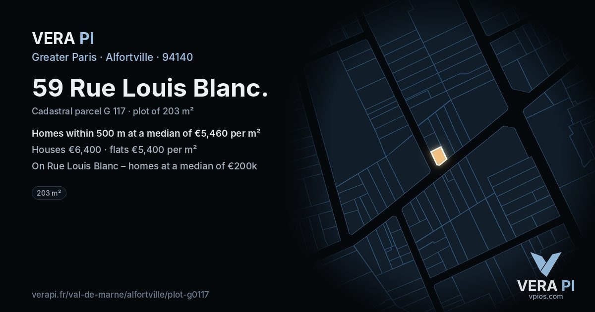 59 Rue Louis Blanc, Alfortville at night – the plot lit, the parcels around coloured by the prices near them