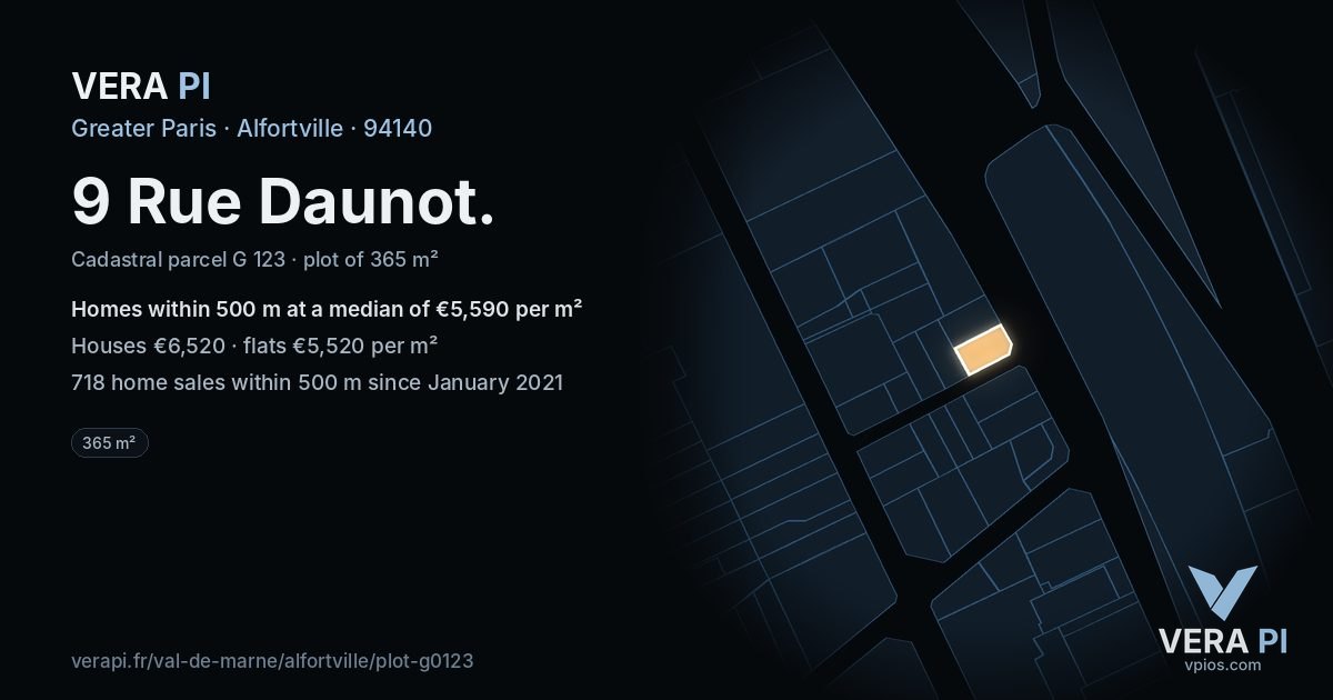 9 Rue Daunot, Alfortville at night – the plot lit, the parcels around coloured by the prices near them