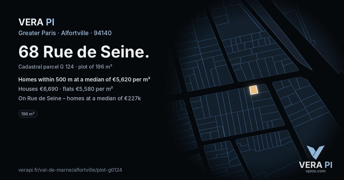 68 Rue de Seine, Alfortville at night – the plot lit, the parcels around coloured by the prices near them