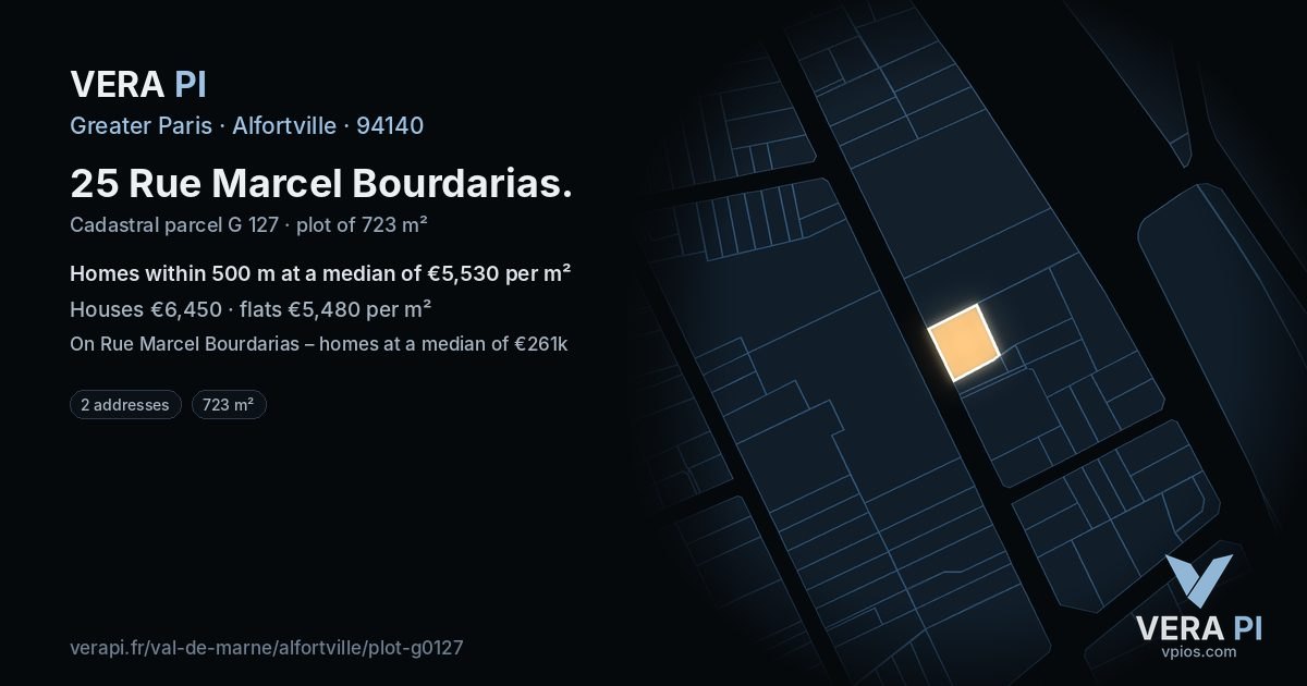 25 Rue Marcel Bourdarias, Alfortville at night – the plot lit, the parcels around coloured by the prices near them